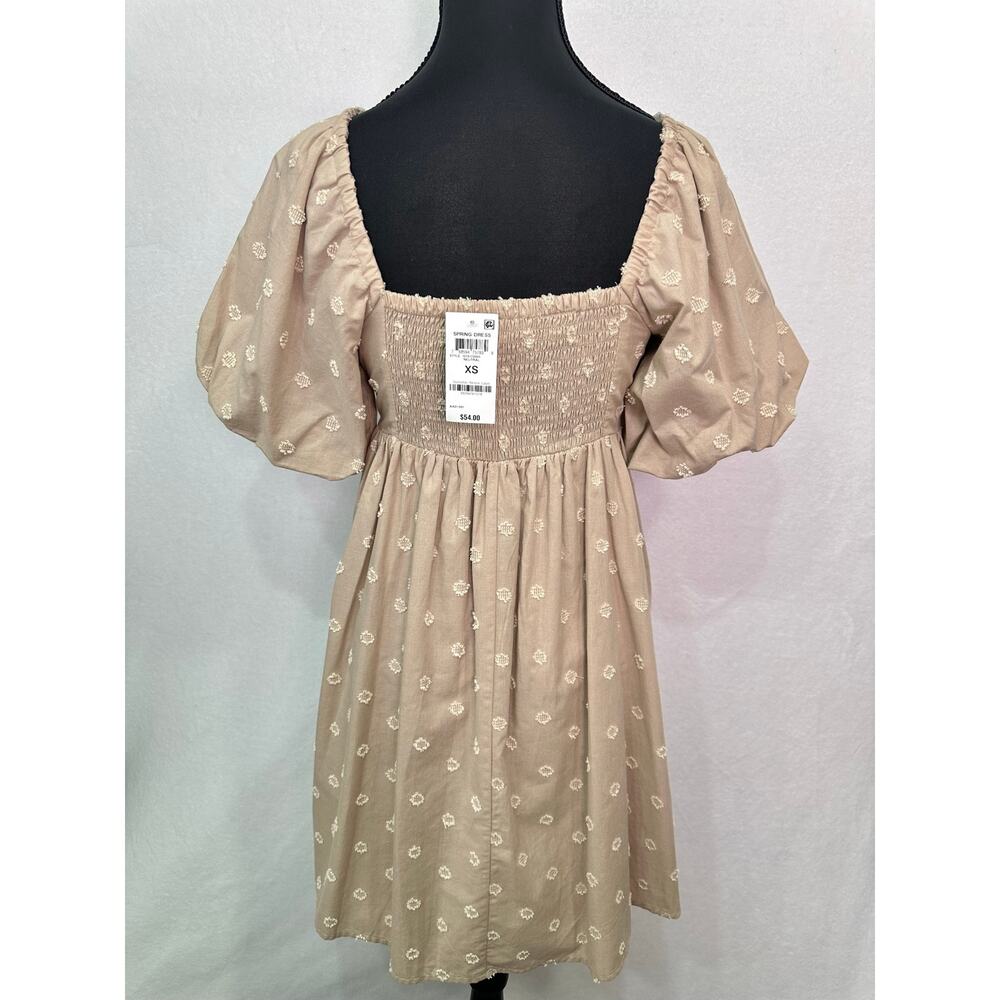NWT And Now This Beige Cotton Dobby Dot Puff Sleeve Cottagecore Dress Size XS - Picture 5 of 12